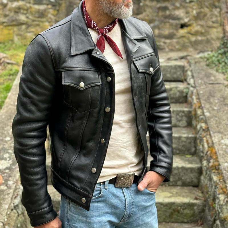 Heren Vintage Leren Jas met Kleppen en Borstzak, Eentonig, Casual 33084088Z