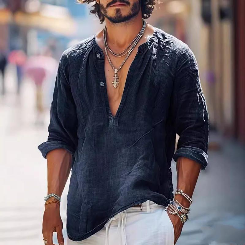 Heren Vintage Overhemd met Knopen V-Hals met Lange Mouwen 16011016Y