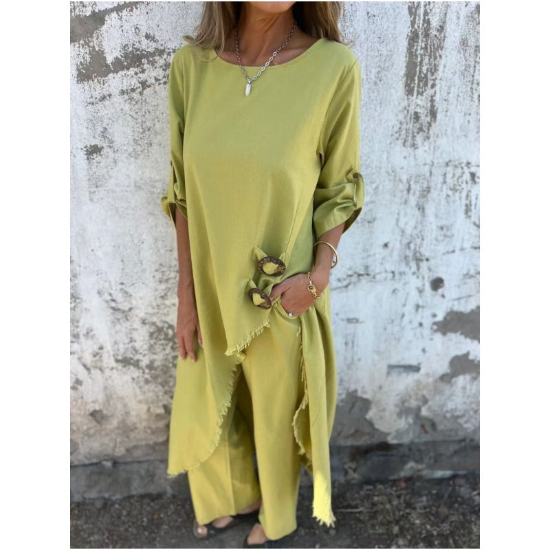 Marta | Dames tweedelig set met asymmetrische jurk en casual broek