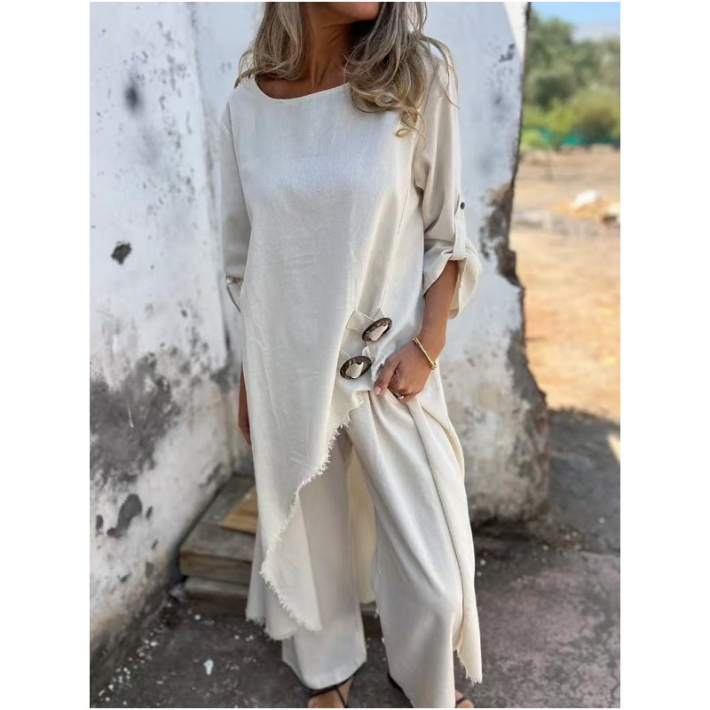 Marta | Dames tweedelig set met asymmetrische jurk en casual broek