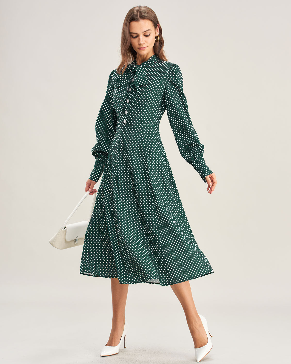 Groene Polka Dot Strik Hals Midi Jurk
