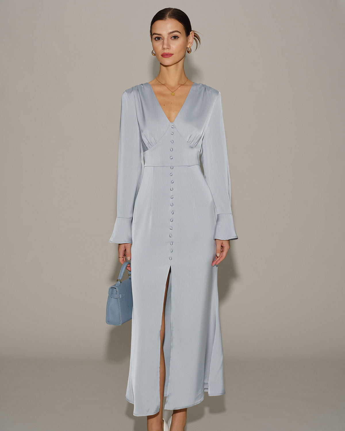 Grijze Satijnen Maxi Jurk met Belmouwen