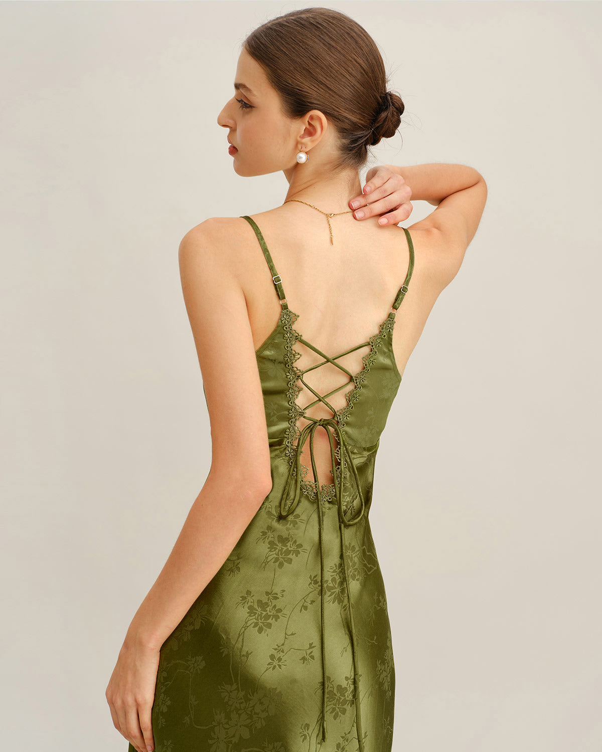 Groene Jacquard Korset Slip Maxi Jurk