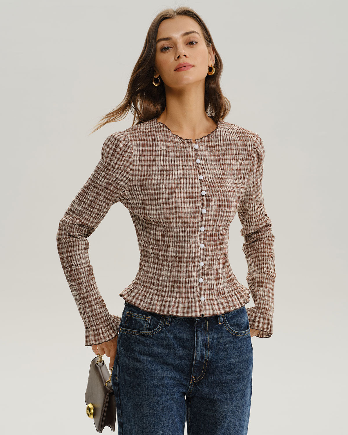 Bruine Geruite Blouse met Rimpelpoetsmouwen