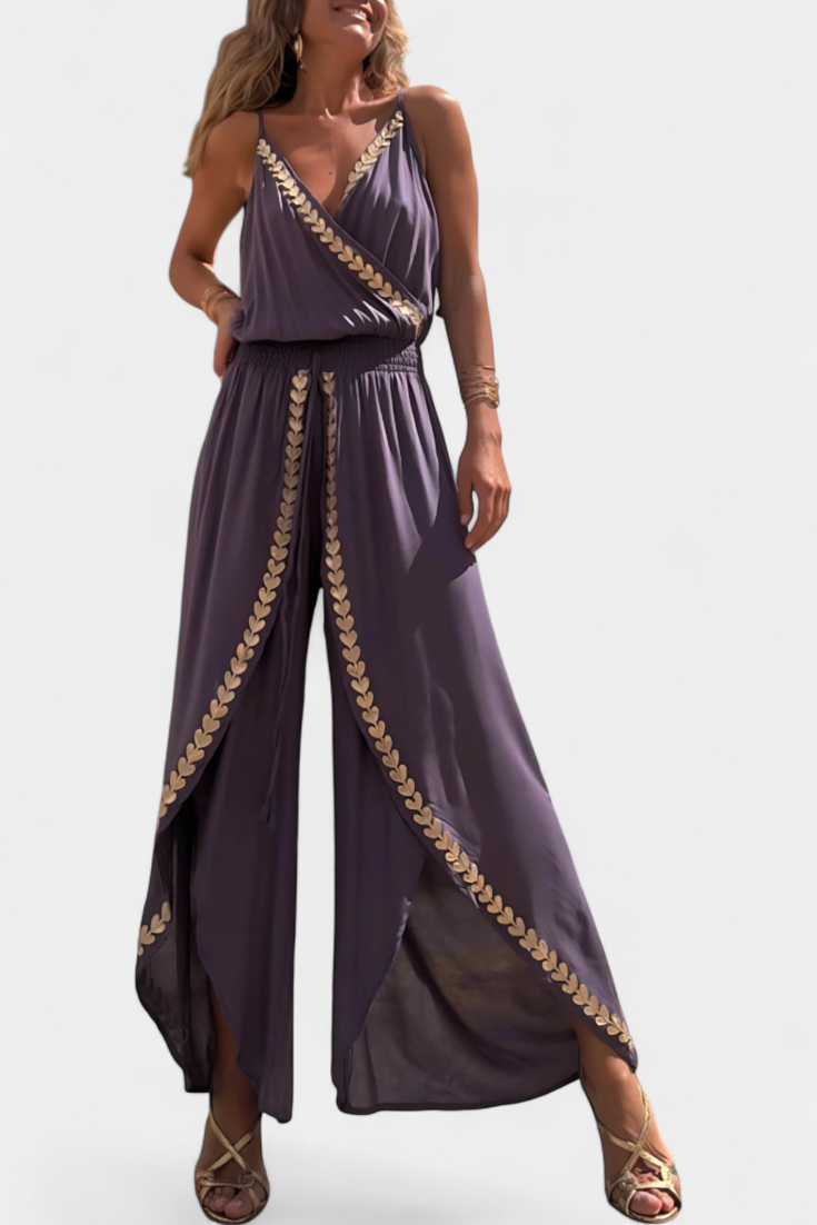 Pola | Eendelig jumpsuit met gouden details en open pijpen