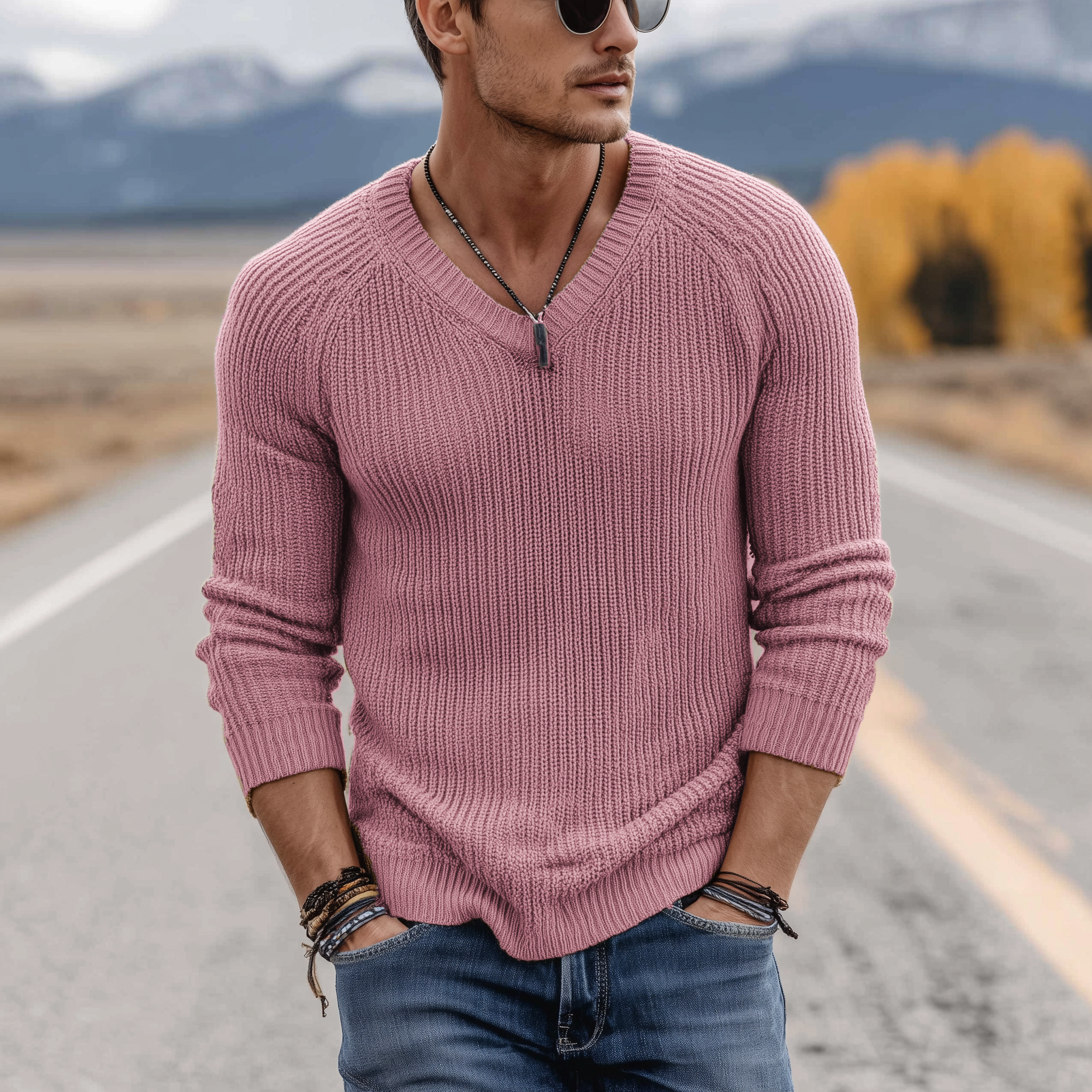 Heren klassieke casual V-hals slim fit dunne trui met lange mouwen MTA0247H1K