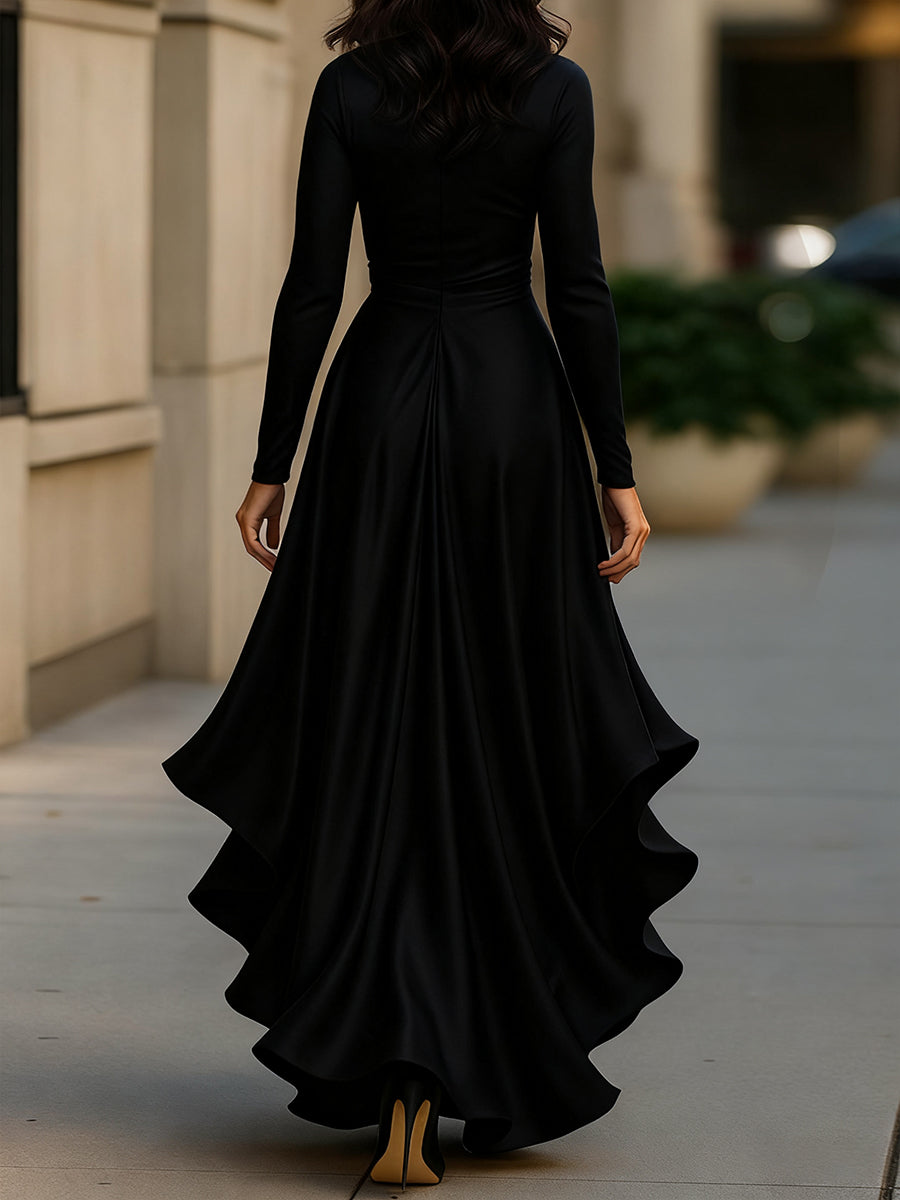 Middernachtblauwe Draped Satijnen Maxi-jurk met Ruffle Details