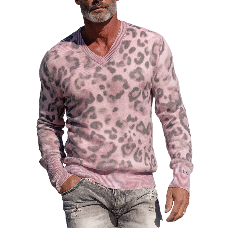 Heren Trui van Gebreid Stof met Luipaardpatroon en V-hals MTA1431H1P
