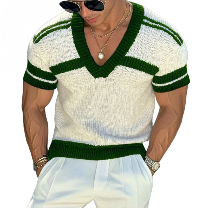 【24-uurs verzending】Heren casual trui met V-hals in streepdessin, slim fit, korte mouwen, T-shirt breiwerk 13072472M