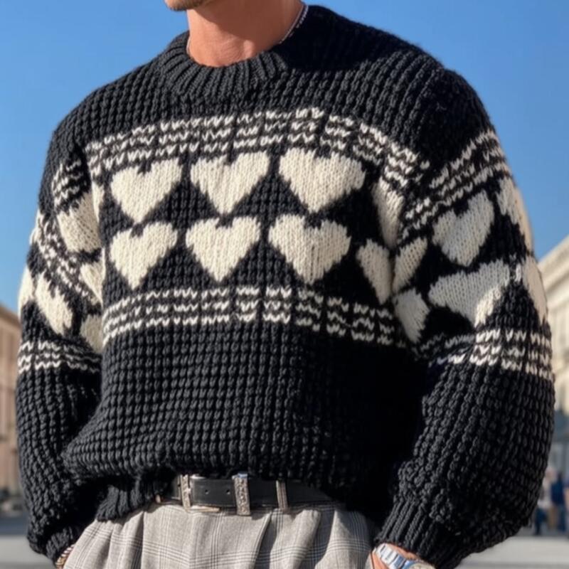Heren Vintage Trui Pullover met Hartjespatroon, Ademend, Gebreid, Ronde Hals, Losse Pasvorm MTA2844H8M