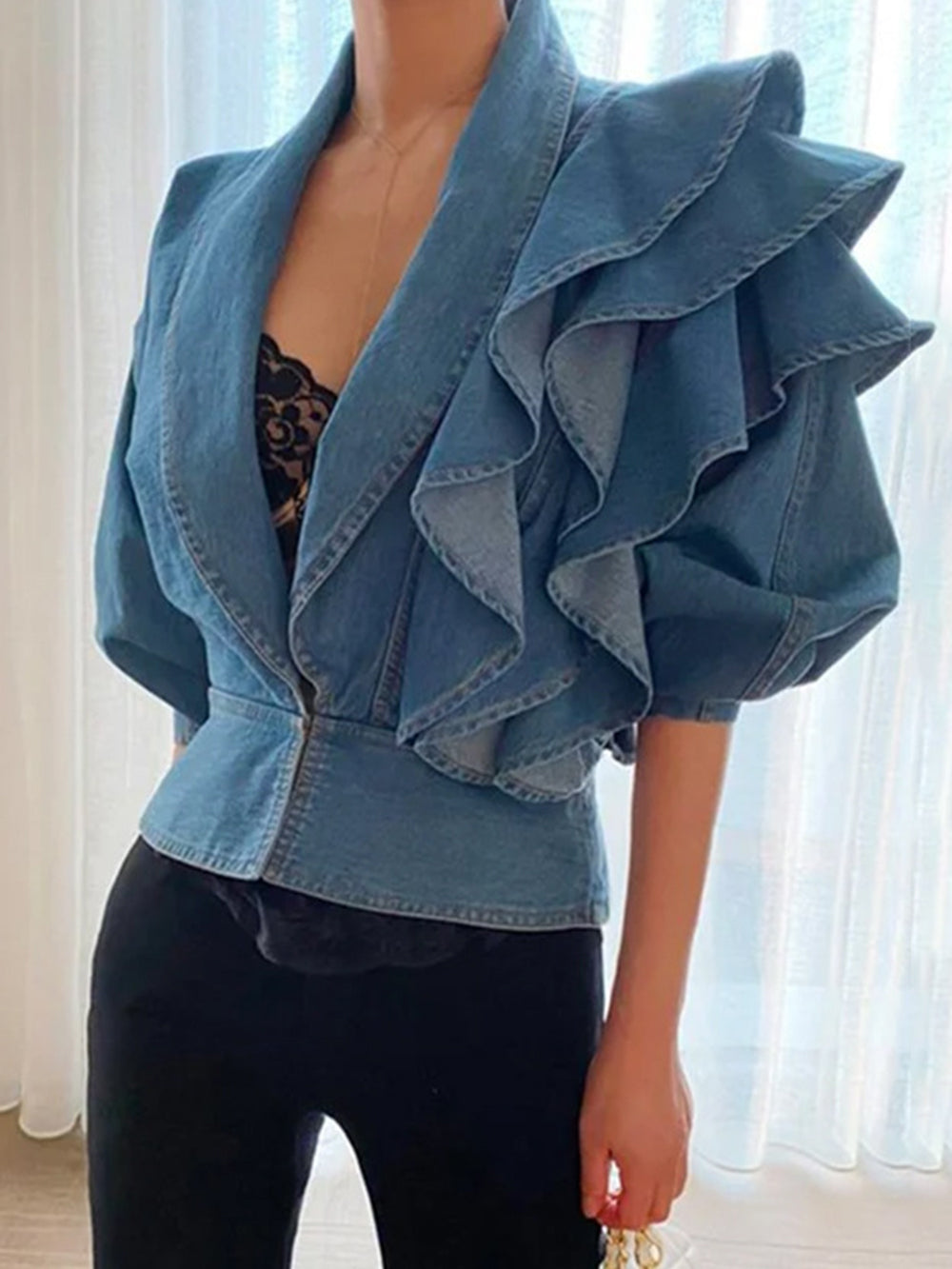Oranji ® | Elegance | Geplooide bomber-denimblouses
