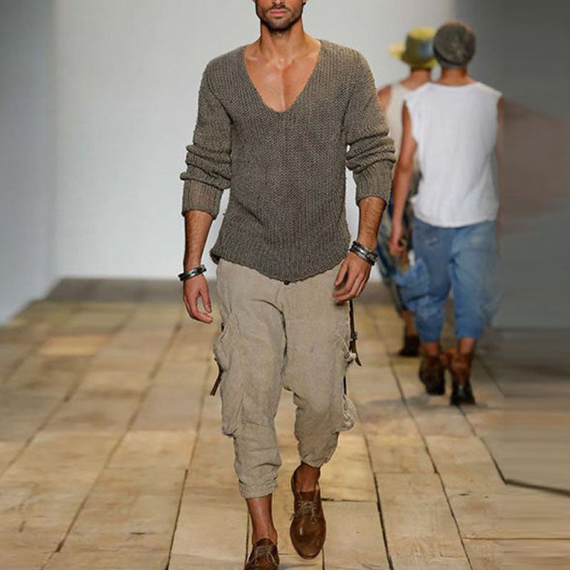 Heren trui met losse brei en V-hals in effen kleur 18392900M