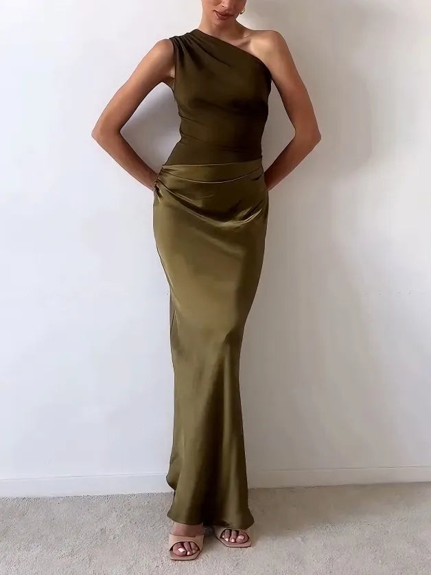 Elegante One Shoulder Nek Plissé Feest Maxi Jurk