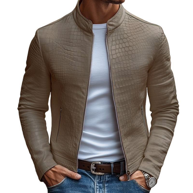 【24-uur verzendtijd】Heren modieuze leren jack met rits, slim fit, met steenpatroon, staande kraag 45773252M
