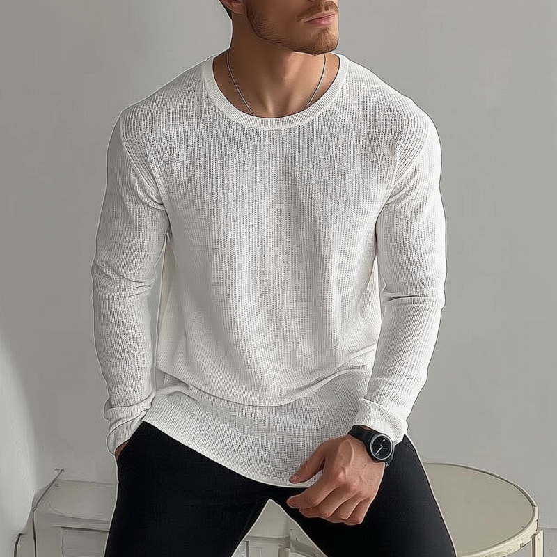 Heren Casual Effen Kleur Ademend Gebreid T-shirt Sweater met Ronde Hals Losse Lange Mouw MTA2184G6M