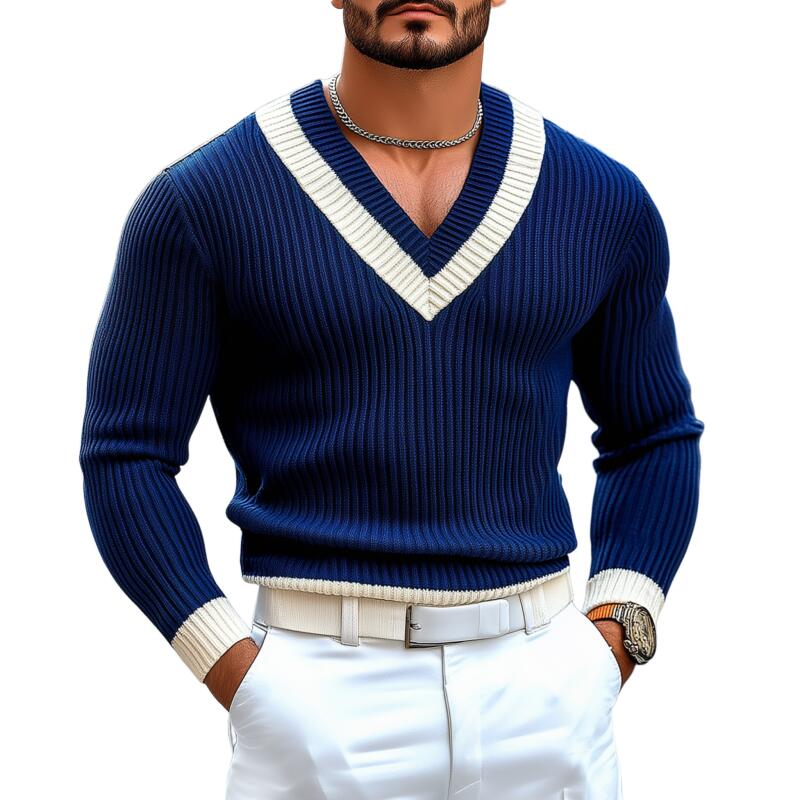 Heren Vintage Contrast Trui met V-hals, Slim Fit, Lange Mouwen MTA2709H9M
