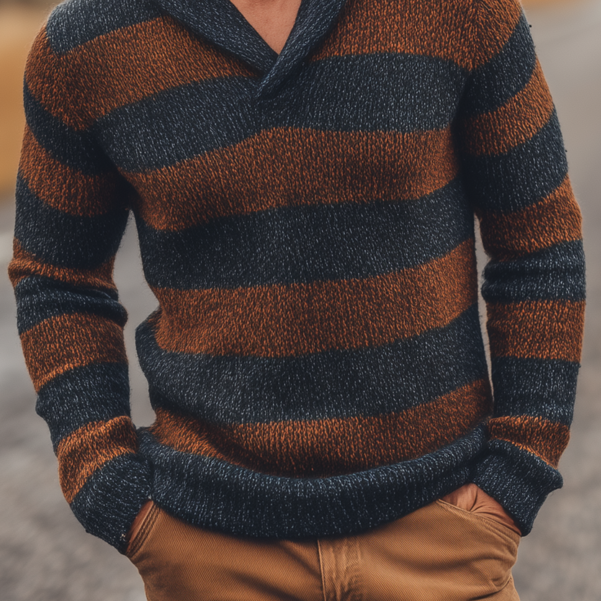 Heren klassieke casual trui met V-hals in contrasterende strepen, slim-fit MTA3077H8K