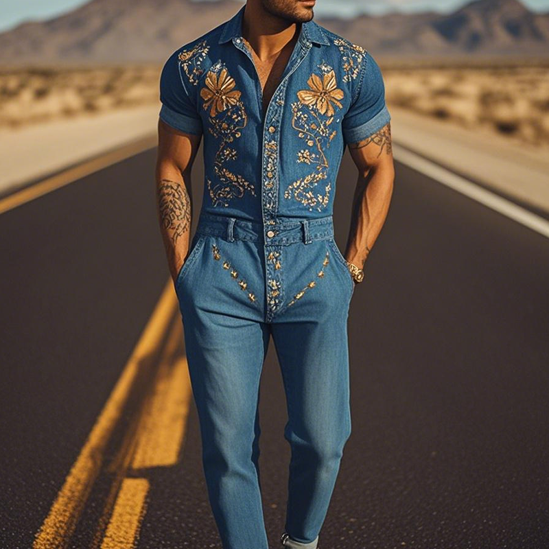 【24-uurs verzending】Heren zomer mode casual klassieke western stijl Tencel denim geborduurde overall MTA1244D2K