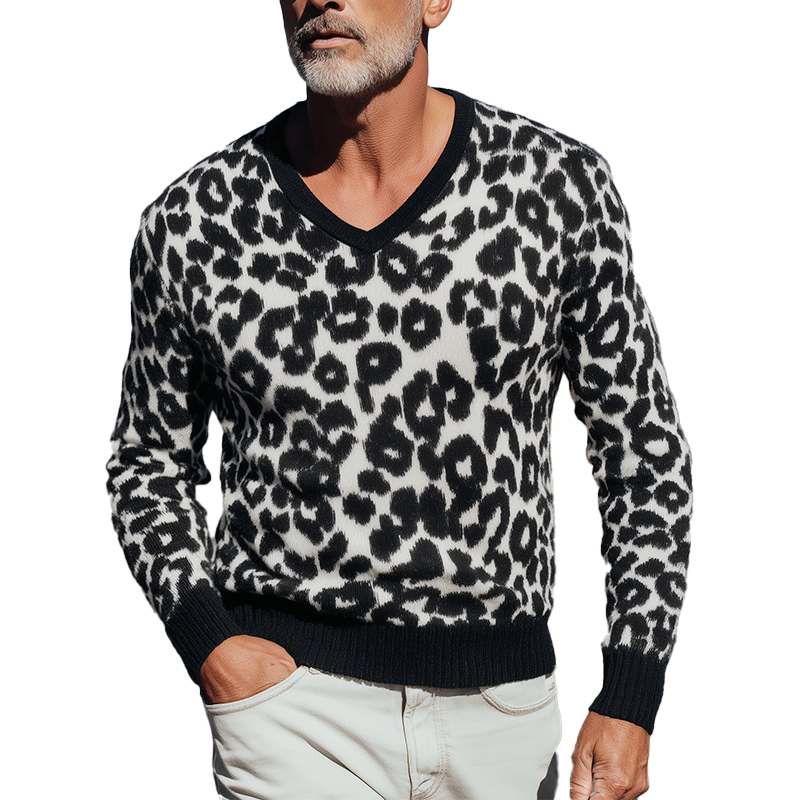 Heren Vintage Gebreide Trui met Luipaardpatroon en V-hals MTA1437H0P