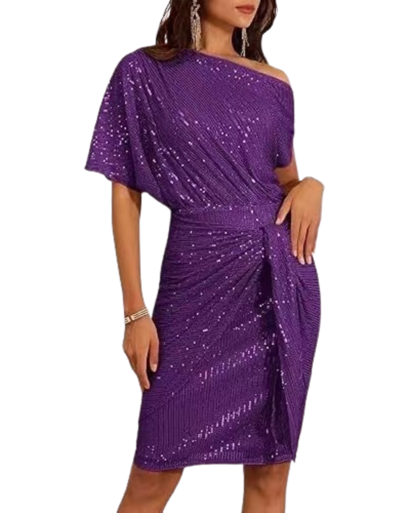 Klaudia | Eén Schouder Jurk met Pailletten voor Feestjes