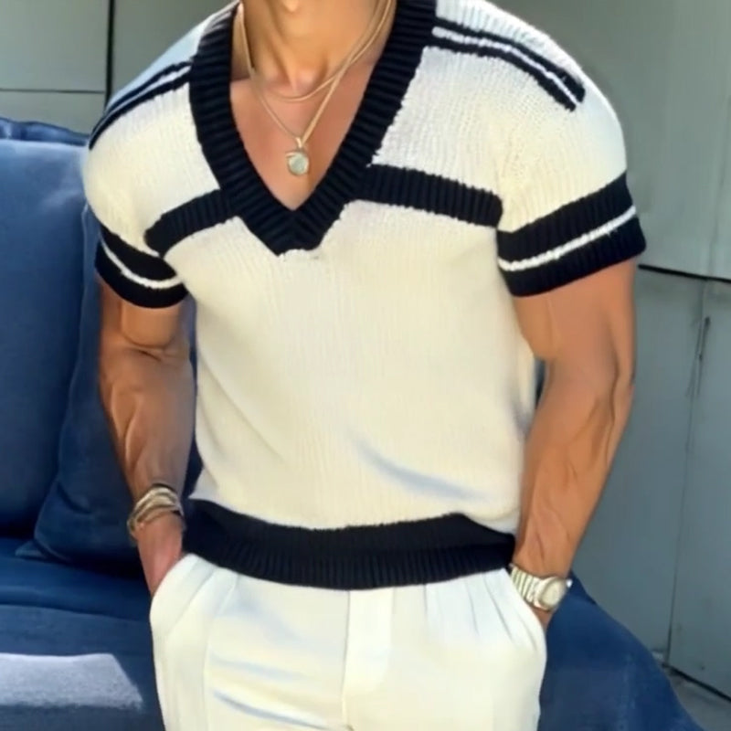 【24-uurs verzending】Heren casual trui met V-hals in streepdessin, slim fit, korte mouwen, T-shirt breiwerk 13072472M