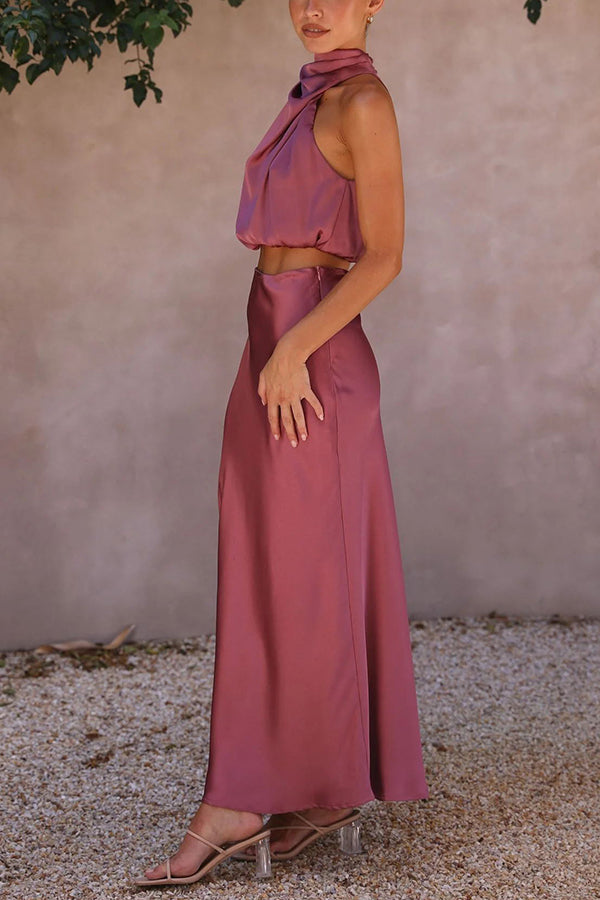 Zo'n Vibe Hoge Hals Satijnen Drapé Maxi Rok Set