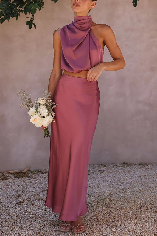 Zo'n Vibe Hoge Hals Satijnen Drapé Maxi Rok Set