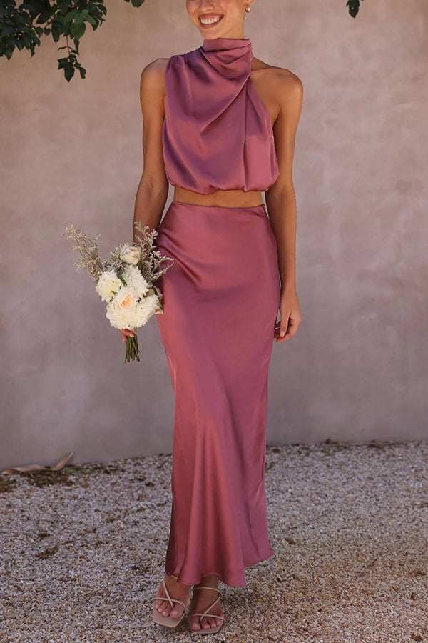 Zo'n Vibe Hoge Hals Satijnen Drapé Maxi Rok Set