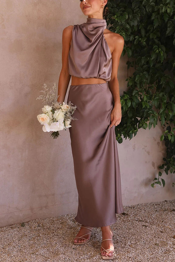 Zo'n Vibe Hoge Hals Satijnen Drapé Maxi Rok Set