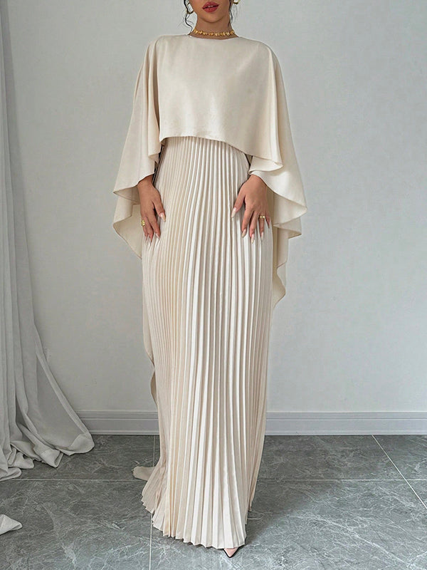 Cape High-Low Plissé Effen Kleur Split-Joint Ronde Hals Avondjurken Maxi Jurken