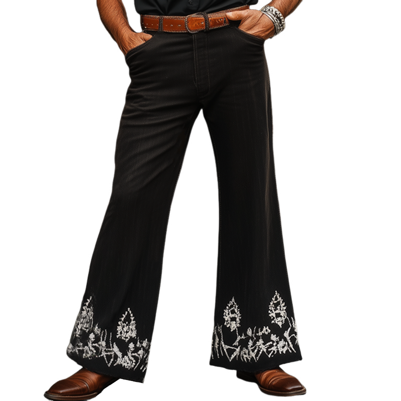 Heren Broek in Western Cowboy Vintage Stijl Zilver Geborduurd met Uitlopende Pijpen MTA1324F7U