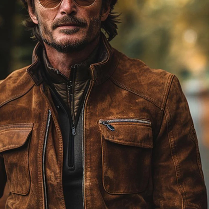 Heren Vintage Suède Jasje met Staande Kraag en Rits 39103467X