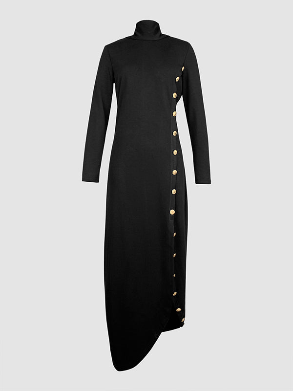 Lange Mouwen Losse Asymmetrische Geknoopte Split-Joint Split-Zijde Mock Neck Maxi Jurken