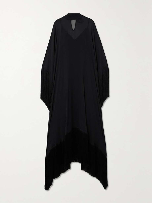 Batwing Mouwen Losse Doorzichtige Effen Kleur Met Kwastjes Mock Neck Maxi Jurken