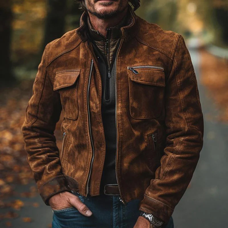 Heren Vintage Suède Jasje met Staande Kraag en Rits 39103467X