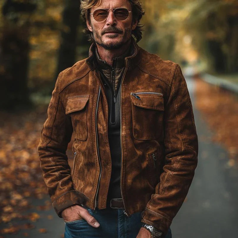 Heren Vintage Suède Jasje met Staande Kraag en Rits 39103467X