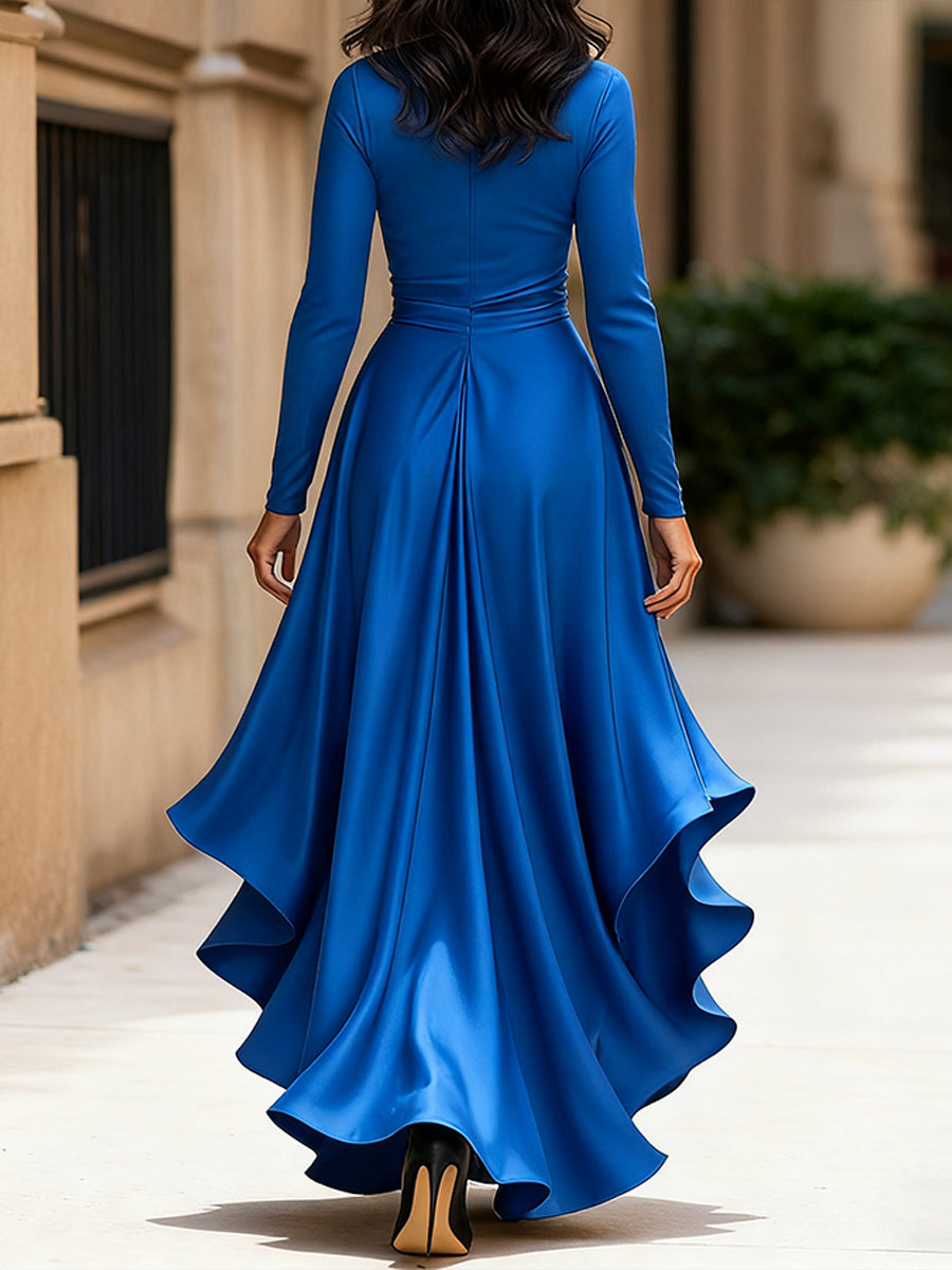 Middernachtblauwe Draped Satijnen Maxi-jurk met Ruffle Details
