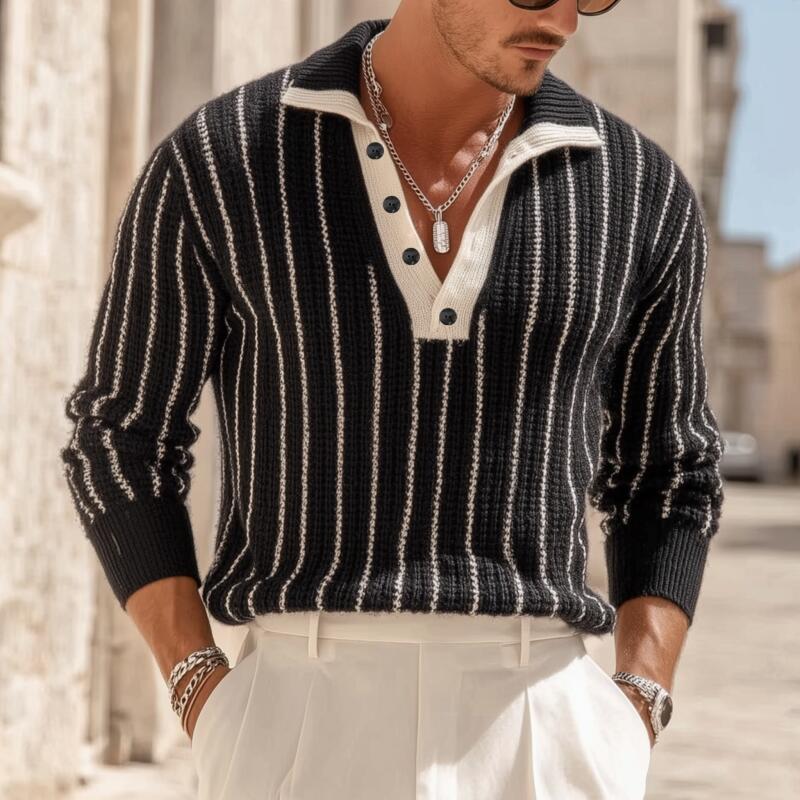 Heren Polo Sweater met Contrasterende Strepen, Ademend, Losse Pullover MTA2815H4M