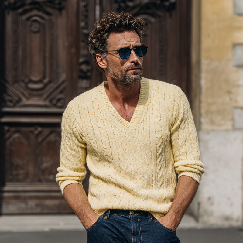 Heren trui van gebreid materiaal in effen kleur, met V-hals MTA1362H2X