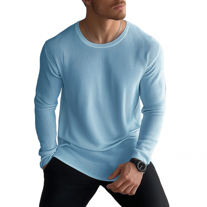 Heren Casual Effen Kleur Ademend Gebreid T-shirt Sweater met Ronde Hals Losse Lange Mouw MTA2184G6M