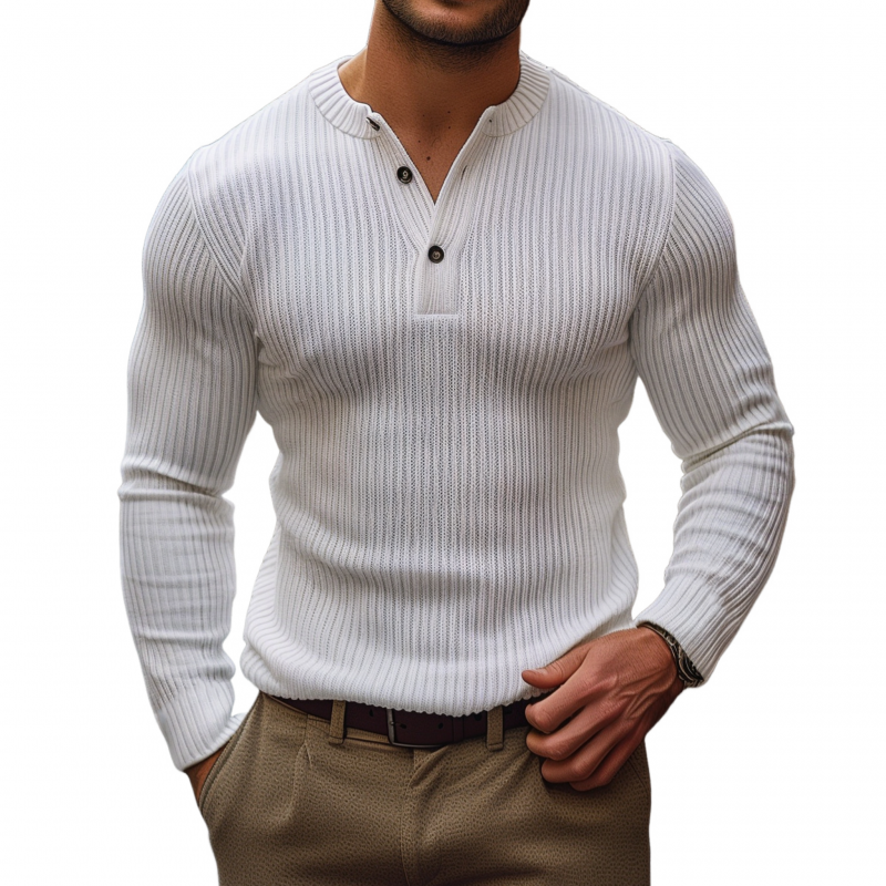 Heren casual sweater met Henley-kraag, effen kleur, slim fit, lange mouw, MTA0540H8M