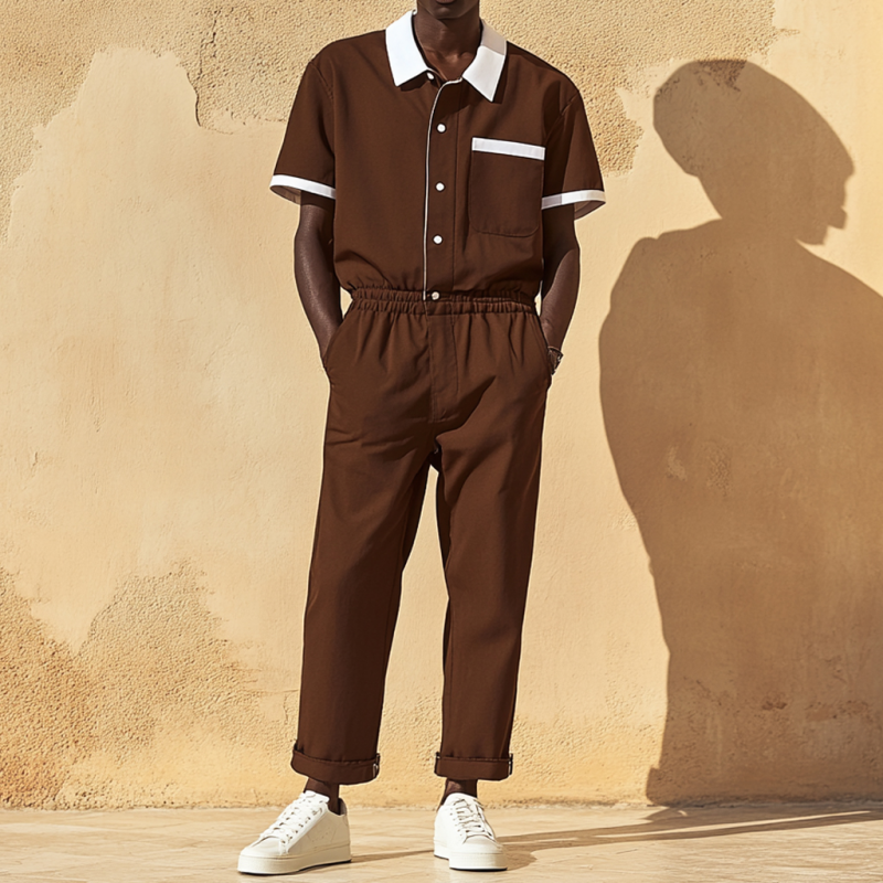 Heren Casual Katoenen Jumpsuit met Kleurrijke Blokken, met Kraag en Zakjes, Korte Mouwen, Slim MTA2694E2M