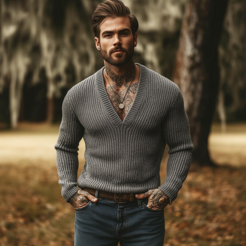 Heren pullover met V-hals, ademend, slim fit, effen kleur MTA2855H8M