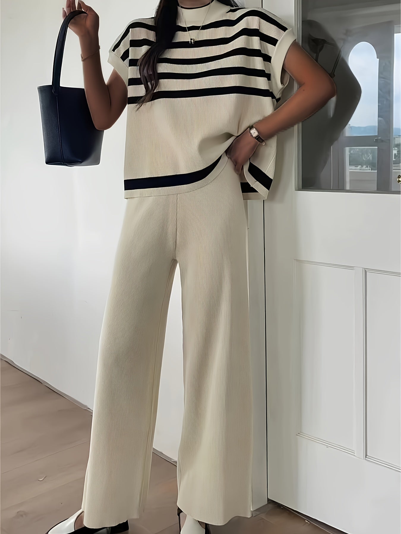 Oranji ® | Taila - Stijlvolle gestreepte gebreide top wide leg dames set