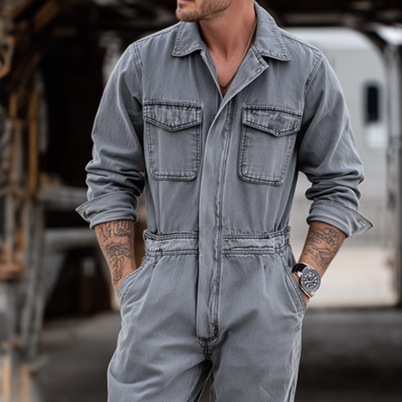 Heren Retro Casual Denim Was Koled D lange Mouw Overhemd Jumpsuit MTA0436H3TO