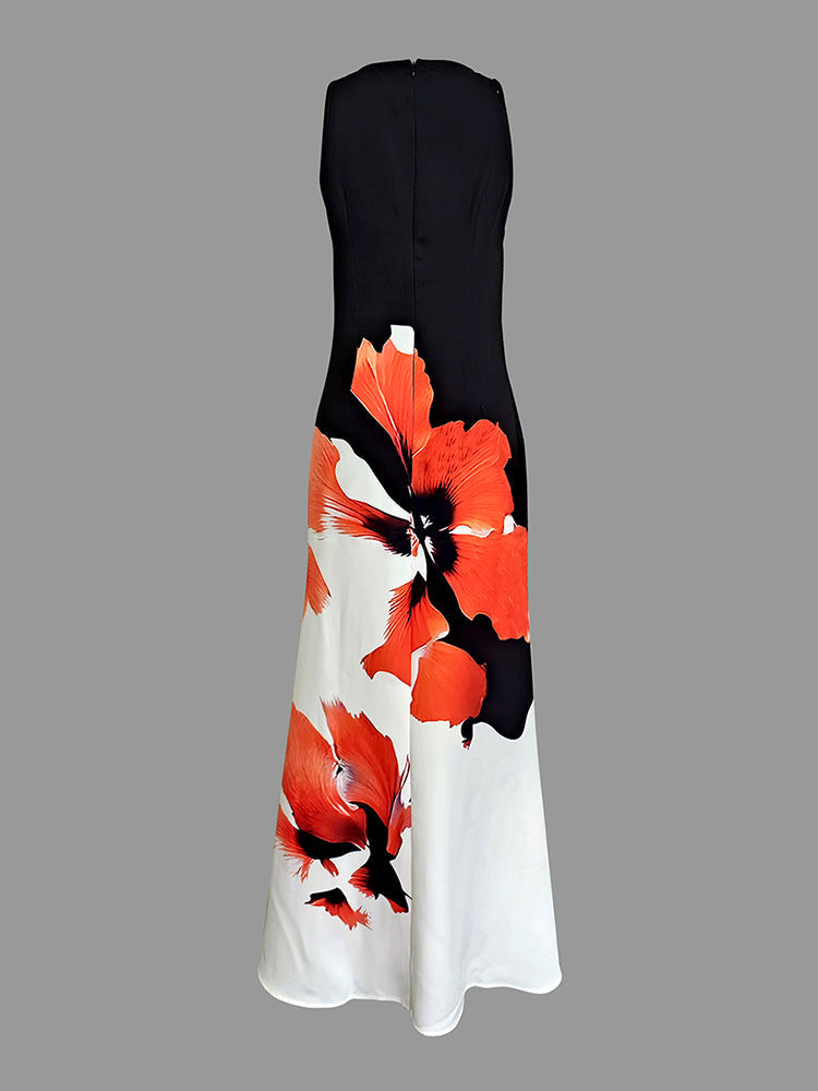 Slanke Mouwloze Bloemenprint Ronde Hals Maxi Jurken