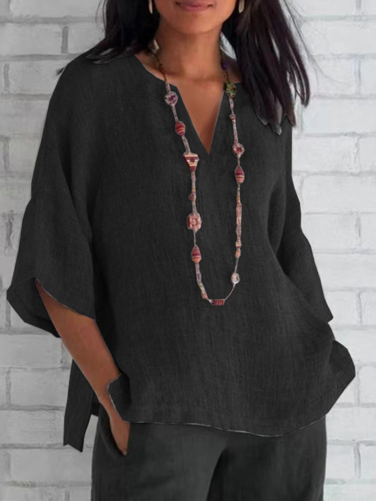 Oranji ® | Manias | Blauwe v-hals lichtgewicht linnen dames blouse