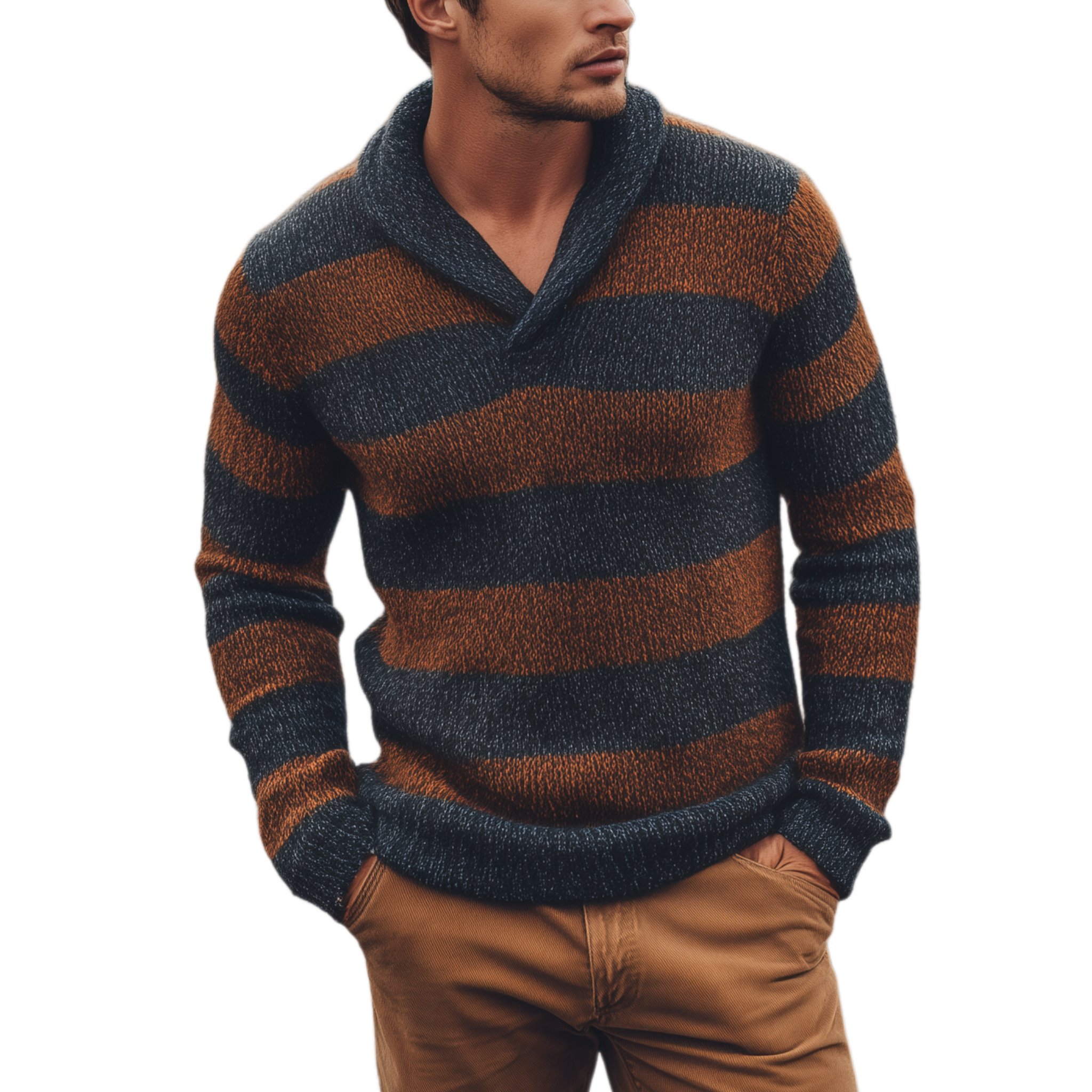 Heren klassieke casual trui met V-hals in contrasterende strepen, slim-fit MTA3077H8K