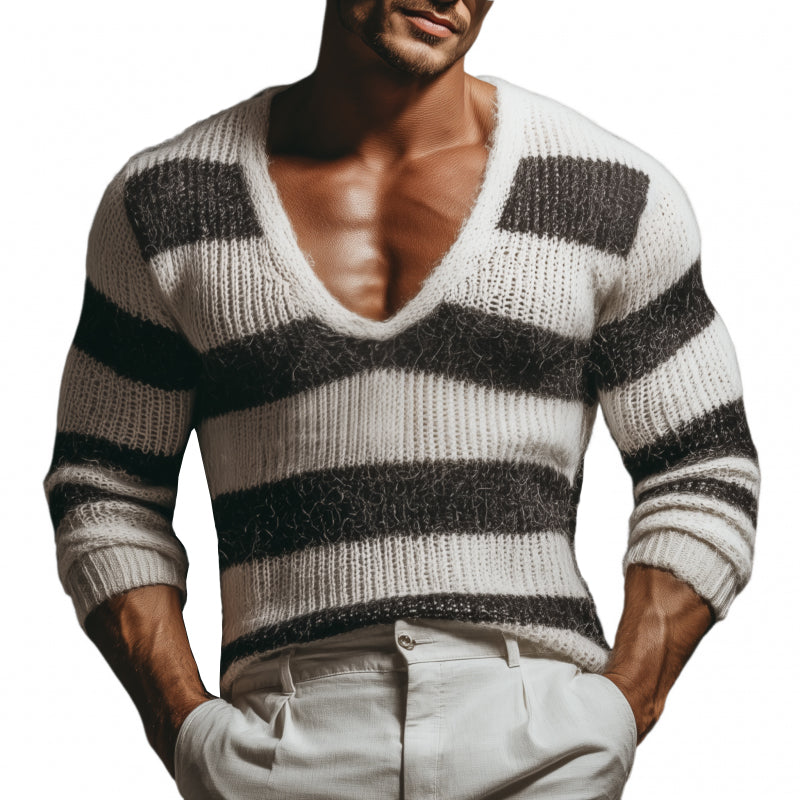 Heren Casual Sweater met Diepe V-hals in Contrasterende Strepen Slim Fit met Lange Mouwen MTA3152G3M