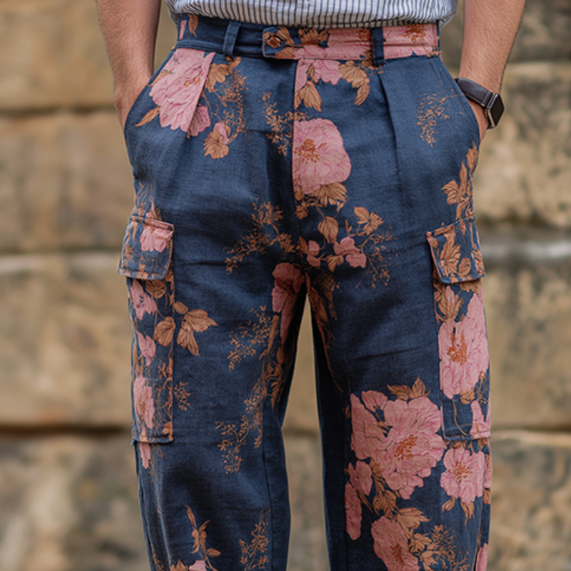 Heren Vintage Casual Broek met Grote Bloemenprint en Zakken MTA3162G7TO